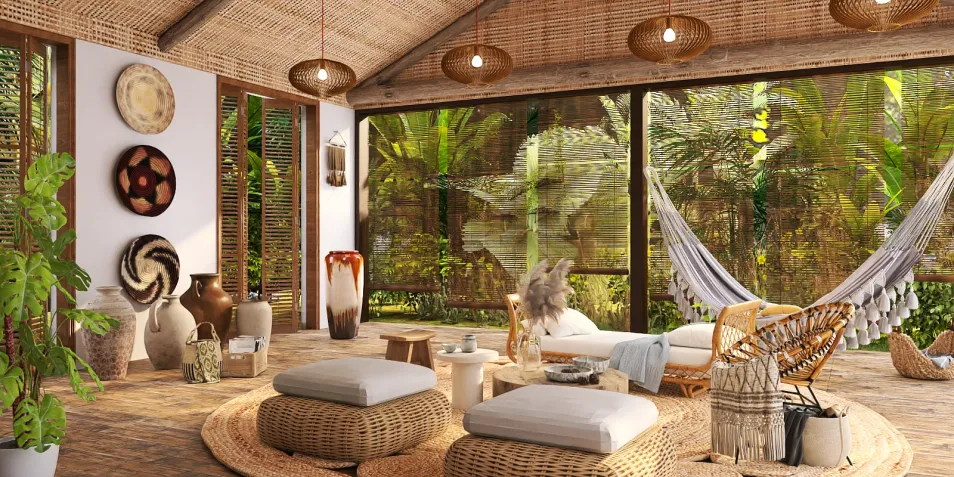 bohemian living room with cozy seating arrangement featuring rattan chairs and decorative rugs, showcasing indoor plant integration for a serene atmosphere, using Homestyler's real-time 3D rendering for design preview.