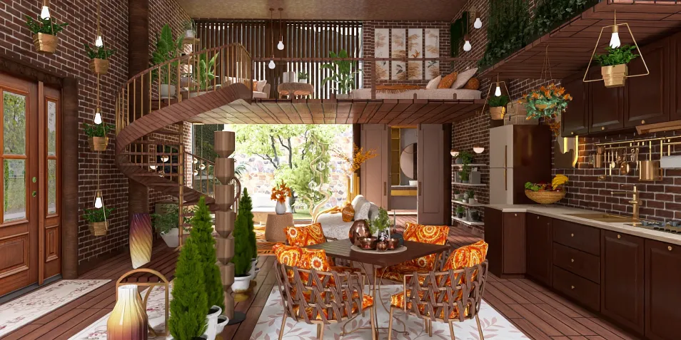 cozy living room with a spiral staircase and modern furniture arrangement in a rustic style featuring a warm color palette and greenery, showcasing Homestyler's intelligent furniture layout feature for optimizing small spaces.