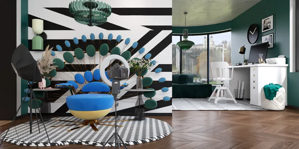 colorful accent chair with a geometric backdrop enhancing a modern living space featuring a stylish desk and accessories, showcasing interior design with Homestyler's real-time 3D rendering.