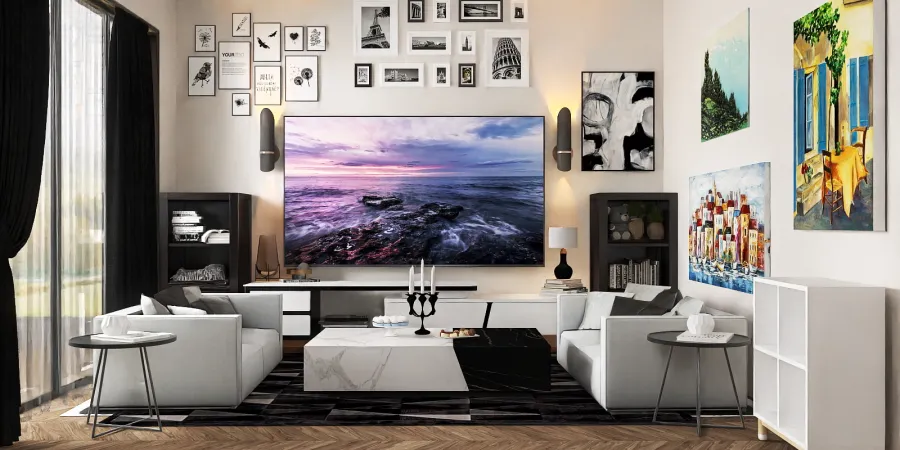 a living room with a large screen tv and a large painting on the wall 