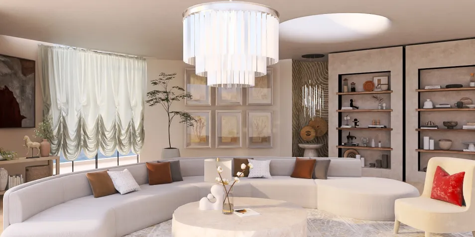 modern living room design featuring a large curved sectional sofa and elegant chandelier, showcasing cozy interior decor with a focus on spaciousness, utilizing Homestyler's real-time 3D rendering for design visualization.