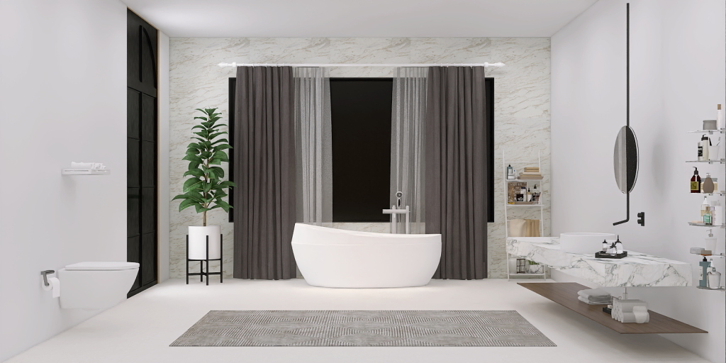 Modern bathroom with freestanding bath, grey curtains and marble vanity worktop