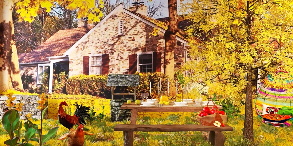 outdoor dining setup featuring a rustic wooden table in a sunny garden, showcasing spring atmosphere with vibrant yellow flowers and lush greenery, enhanced by Homestyler's real-time 3D rendering feature for design visualization.