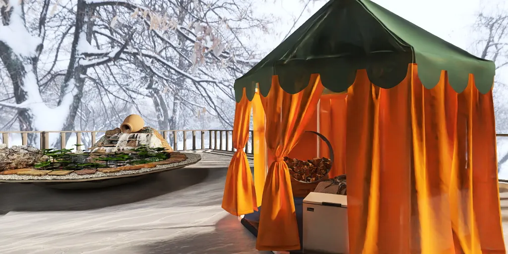 a tent with a canopy and a table with a umbrella 