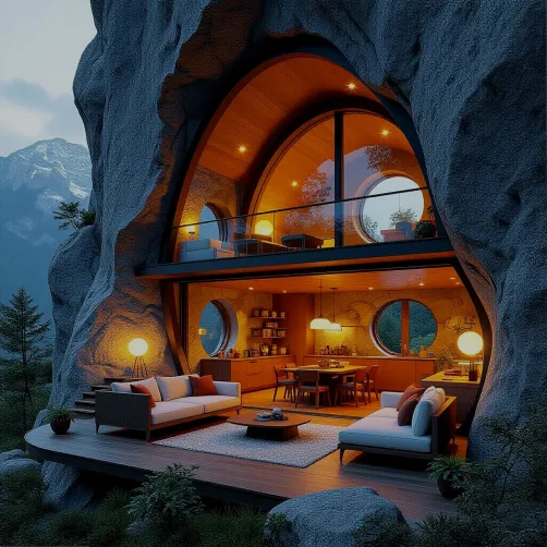 Unique rock interior design featuring cozy seating arrangement and modern kitchen layout in a nature-integrated space, showcasing Homestyler's real-time 3D rendering capabilities.