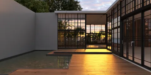 modern outdoor space featuring a sleek glass facade and wooden decking designed for relaxation with a focus on 3D rendering capabilities from Homestyler.