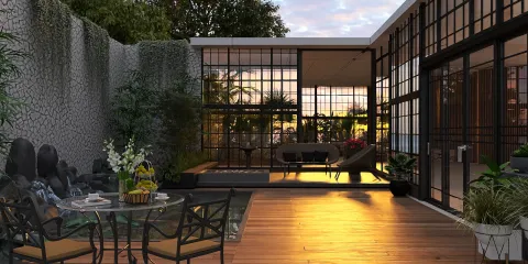 modern outdoor living space featuring a glass-enclosed patio with contemporary furniture and lush greenery at sunset, showcasing 3D interior design visualization using Homestyler's real-time 3D rendering feature.