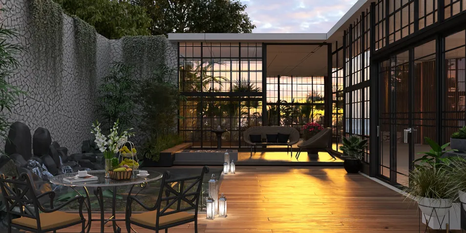 outdoor patio seating arrangement with modern furniture in a contemporary style featuring a relaxing garden atmosphere and lush greenery, showcasing Homestyler's real-time 3D rendering feature.