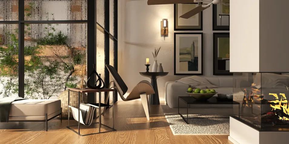 cozy living room with modern furniture arrangement featuring a stylish table and artwork display, designed using Homestyler's real-time 3D rendering for enhanced renovation visualization.