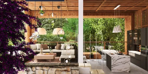 Outdoor kitchen with seating area idea 💡