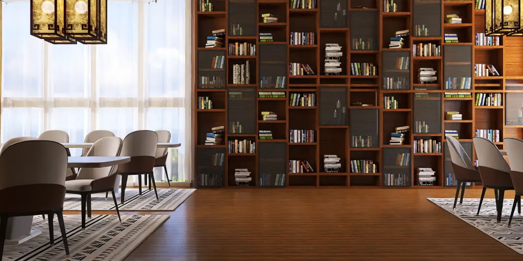 a living room with a book shelf and a large window 