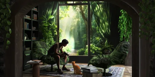 a person reading in a green-themed living room with plants and large windows overlooking a forest view, showcasing interior design using Homestyler's real-time 3D rendering for quick design proposal display.