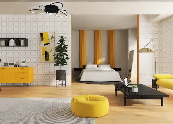 Grey and yellow studio flat. Design Rendering