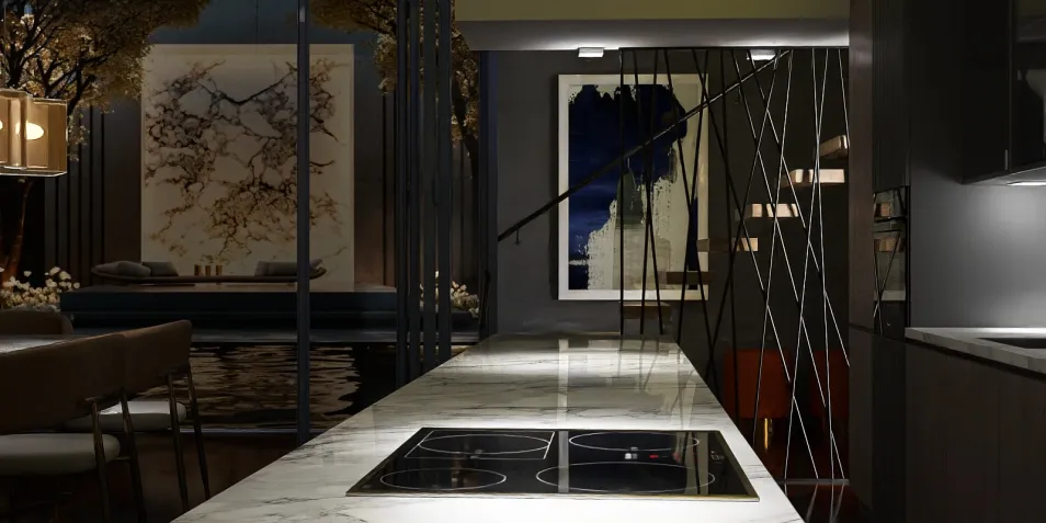 modern kitchen with marble countertop featuring smart furniture arrangement, contemporary style, enhancing the functionality of the space using Homestyler's real-time 3D rendering.