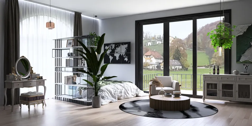 modern living room design featuring a comfortable seating area with a cozy bed, stylish decor, and abundant natural light, showcasing the use of smart furniture arrangement for space optimization, facilitated by Homestyler's 3D rendering feature.