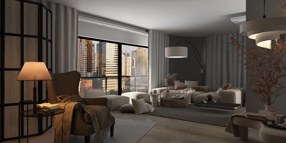 modern living room design featuring a cozy armchair and stylish lighting, utilizing smart furniture arrangement to enhance small space functionality, showcasing Homestyler's real-time 3D rendering feature.