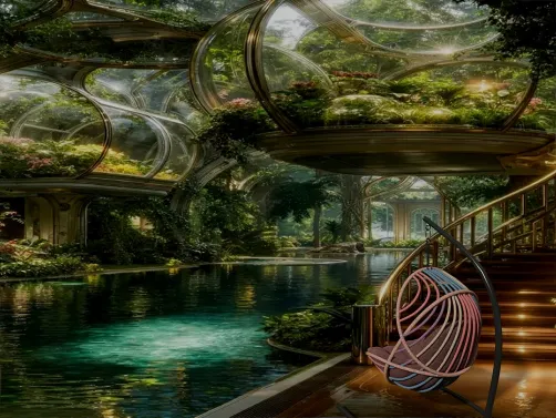 Futuristic indoor garden with hanging greenery and a stylish swing chair, showcasing biophilic design in a serene space; includes Homestyler's real-time 3D rendering feature for quick design visualization.