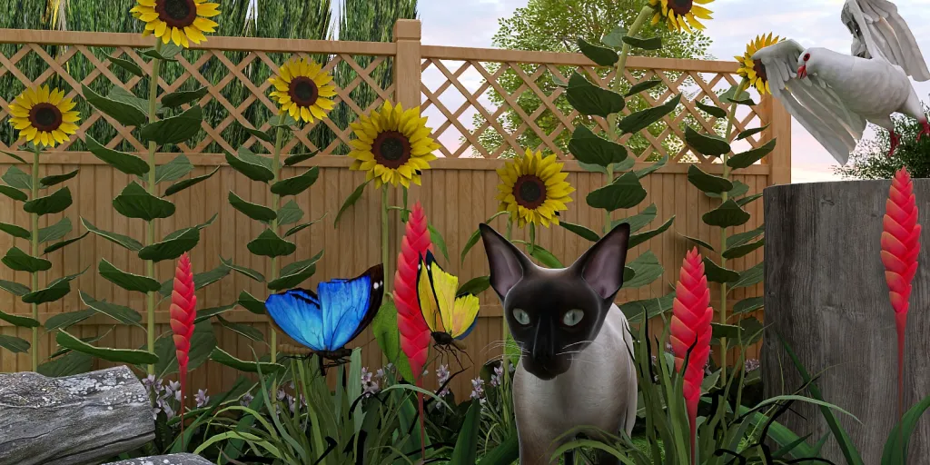a cat standing next to a flower arrangement 