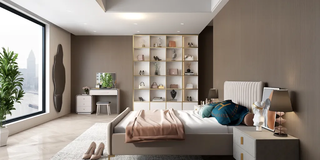 a living room with a large bed and a bookcase 