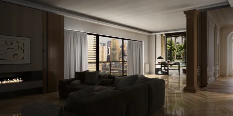 spacious living room with modern sofa arranging furniture in a contemporary style highlighting urban elegance using Homestyler's real-time 3D rendering feature