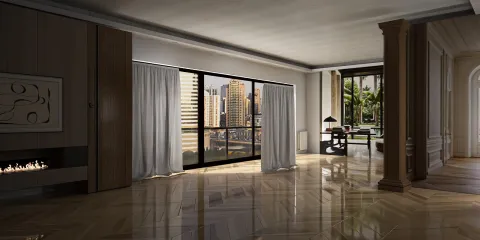 Modern living room with large windows showcasing a city view, featuring elegant curtains, a sleek fireplace, and stylish flooring, designed using Homestyler's real-time 3D rendering for interior design optimization.