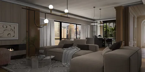 modern living room sofa arrangement showcasing a cozy interior design style with a panoramic city view, utilizing Homestyler's real-time 3D rendering feature for an immersive design experience.