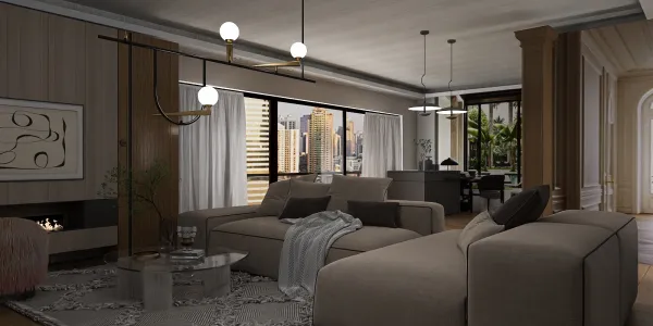 modern living room sofa arrangement showcasing a cozy interior design style with a panoramic city view, utilizing Homestyler's real-time 3D rendering feature for an immersive design experience.