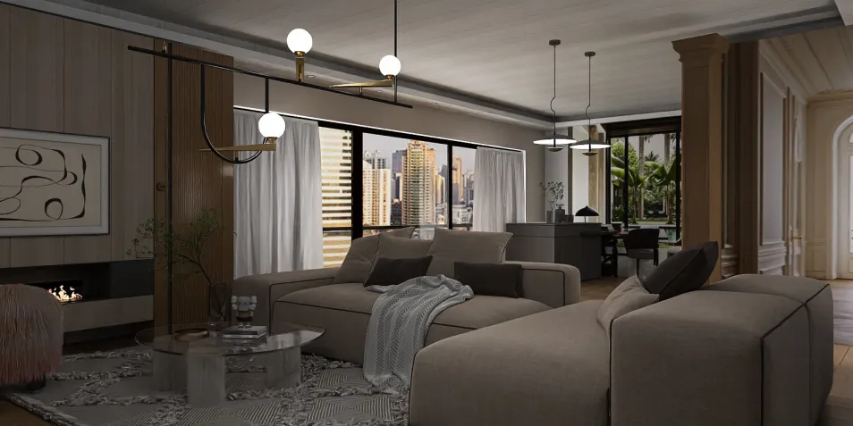 modern living room sofa arrangement showcasing a cozy interior design style with a panoramic city view, utilizing Homestyler's real-time 3D rendering feature for an immersive design experience.