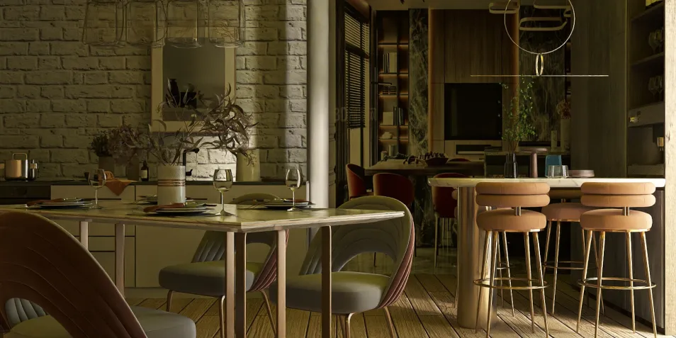 dining area with wooden dining table and modern chairs showcasing contemporary design style, emphasizing interior decor using Homestyler's real-time 3D rendering feature