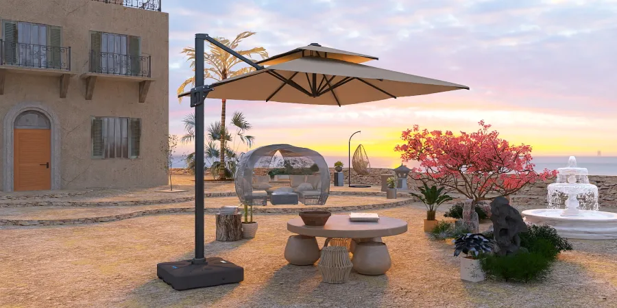 a beach with a table and chairs and a umbrella 