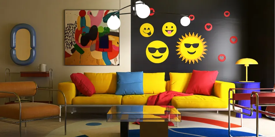 Colorful living room featuring a vibrant yellow sofa with colorful cushions and a playful wall with emoji designs, showcasing modern interior design; utilizes Homestyler's real-time 3D rendering for effective design proposal visualization.