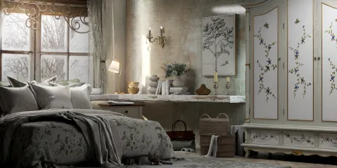 cozy bedroom arrangement featuring floral decor and elegant accents, showcasing a vintage style with a serene atmosphere; utilizing Homestyler's real-time 3D rendering for design preview.