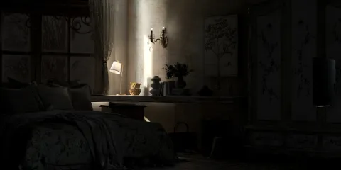 cozy bedroom with elegant decor designed using Homestyler, featuring soft lighting and vintage accents for a tranquil atmosphere, showcasing the real-time 3D rendering feature.