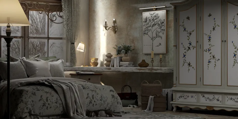 cozy bedroom design featuring a floral bedspread and antique furniture with soft lighting for a romantic atmosphere, showcasing Homestyler's real-time 3D rendering for interior decor visualization.