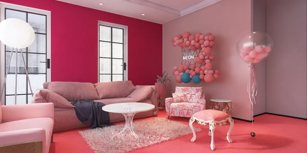 a living room filled with furniture and a pink rug 