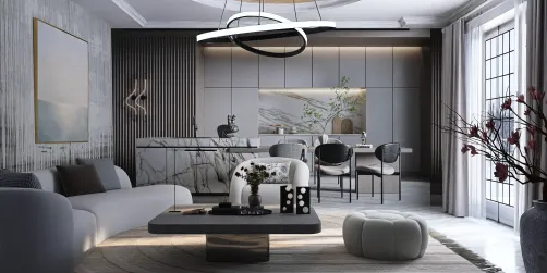 Modern living room featuring a minimalist design with intelligent furniture arrangement, showcasing a sleek and sophisticated style while enhancing space optimization using Homestyler's smart furniture layout feature.