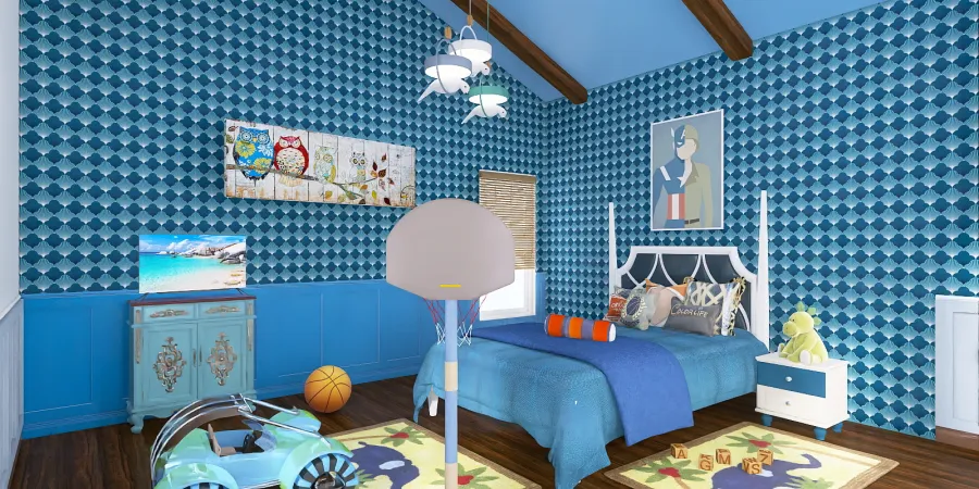 a bedroom with a blue and white bed and a blue and white bedspread 