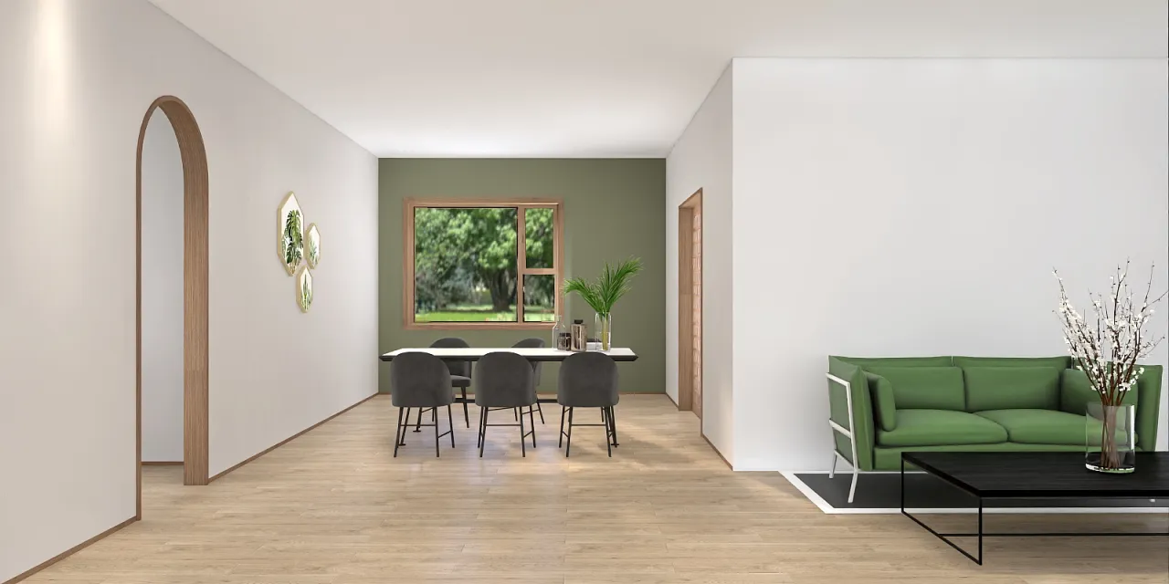 a living room with a couch, table and chairs 