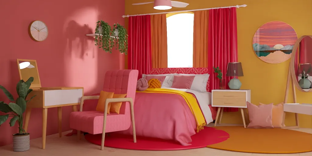 a bedroom with a pink bedspread and a pink wall 