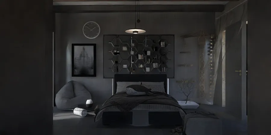 a bedroom with a bed and a lamp 