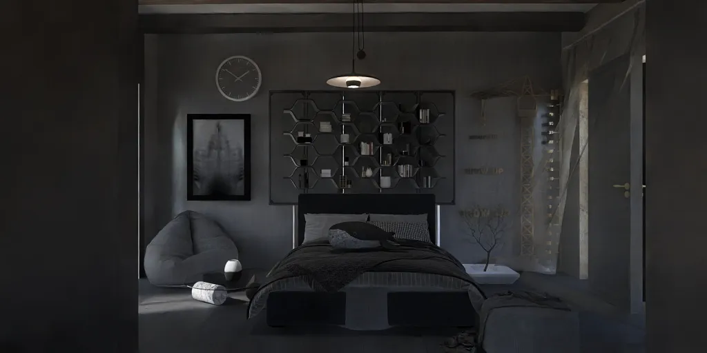 a bedroom with a bed and a lamp 