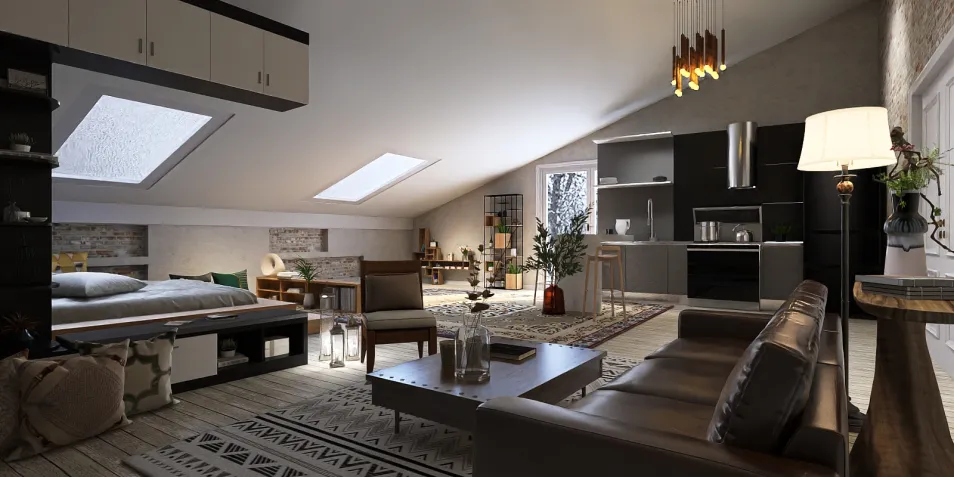 Interior design of a modern loft living space featuring a cozy bedroom and contemporary kitchen layout in a stylish Scandinavian style, showcasing Homestyler's real-time 3D rendering capabilities.