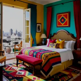 colorful bedroom featuring a vibrant patterned bedspread and bright walls, showcasing interior design with Homestyler's real-time 3D rendering for a lively and inviting space atmosphere.