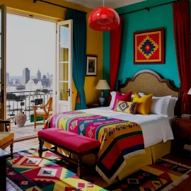 colorful bedroom with a vibrant bedspread and artistic decor featuring a city view, showcasing an interior design suitable for modern homes, powered by Homestyler's real-time 3D rendering feature.