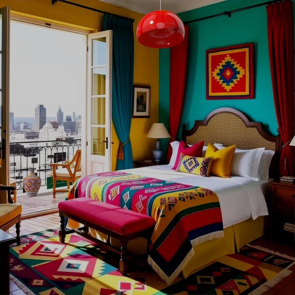 colorful bedroom with a vibrant bedspread and artistic decor featuring a city view, showcasing an interior design suitable for modern homes, powered by Homestyler's real-time 3D rendering feature.