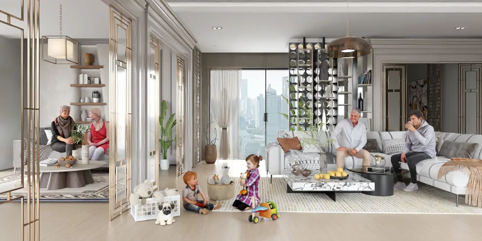 living room with family enjoying time together, showcasing modern elegance, incorporates Homestyler's real-time 3D rendering for design proposal display