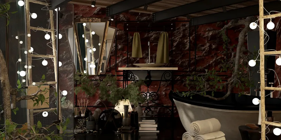 A modern bathroom design featuring a stylish bathtub and greenery, showcasing an elegant and rustic style for a spa-like experience, utilizing Homestyler's real-time 3D rendering for an immersive visualization.