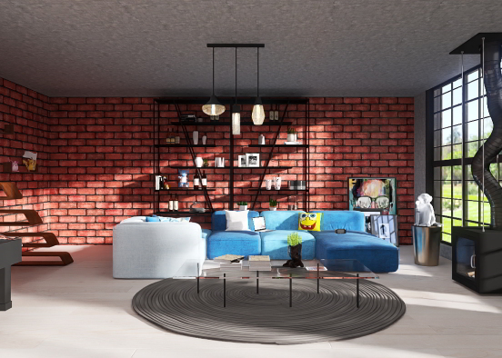 Industrial youth living room. Design Rendering