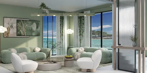Green living room with modern furniture arrangement showcasing a coastal view, designed using Homestyler's real-time 3D rendering feature for interior decor visualization.