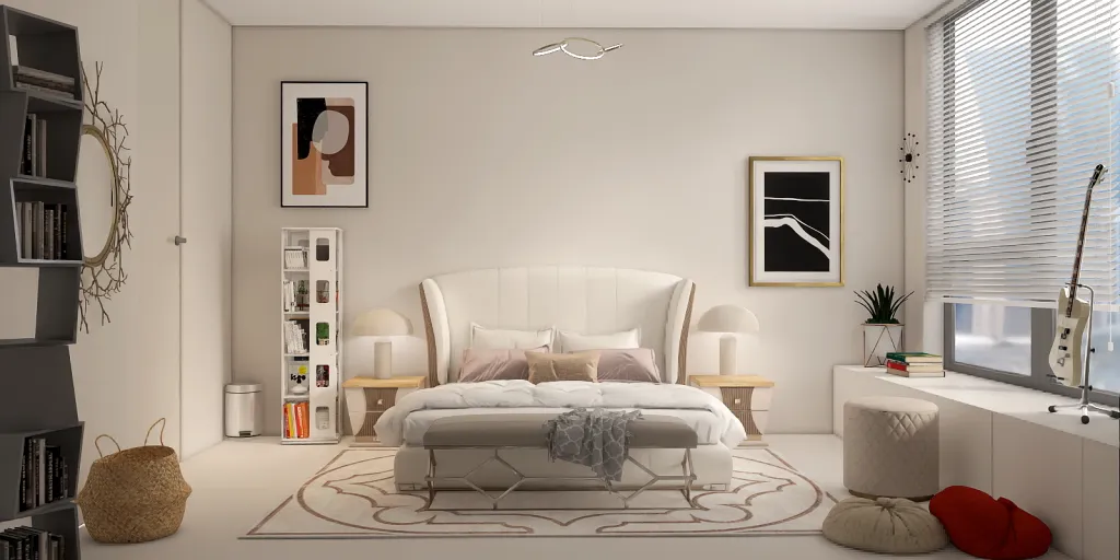 a white bed with a white couch and a white wall 